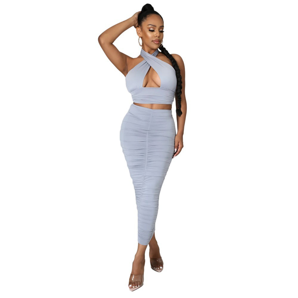 Summer Sexy Solid Color Tight Ruffle Hip Women two piece set