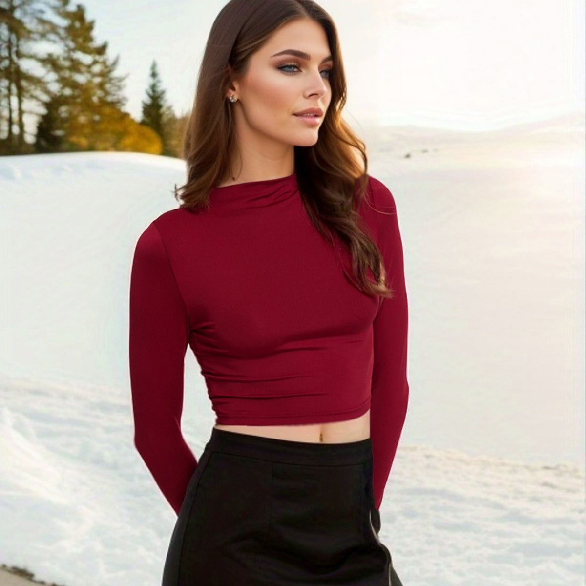 Winter Women Clothing Sexy Slim Fit Cropped Half Turtleneck Short Long Sleeve Top