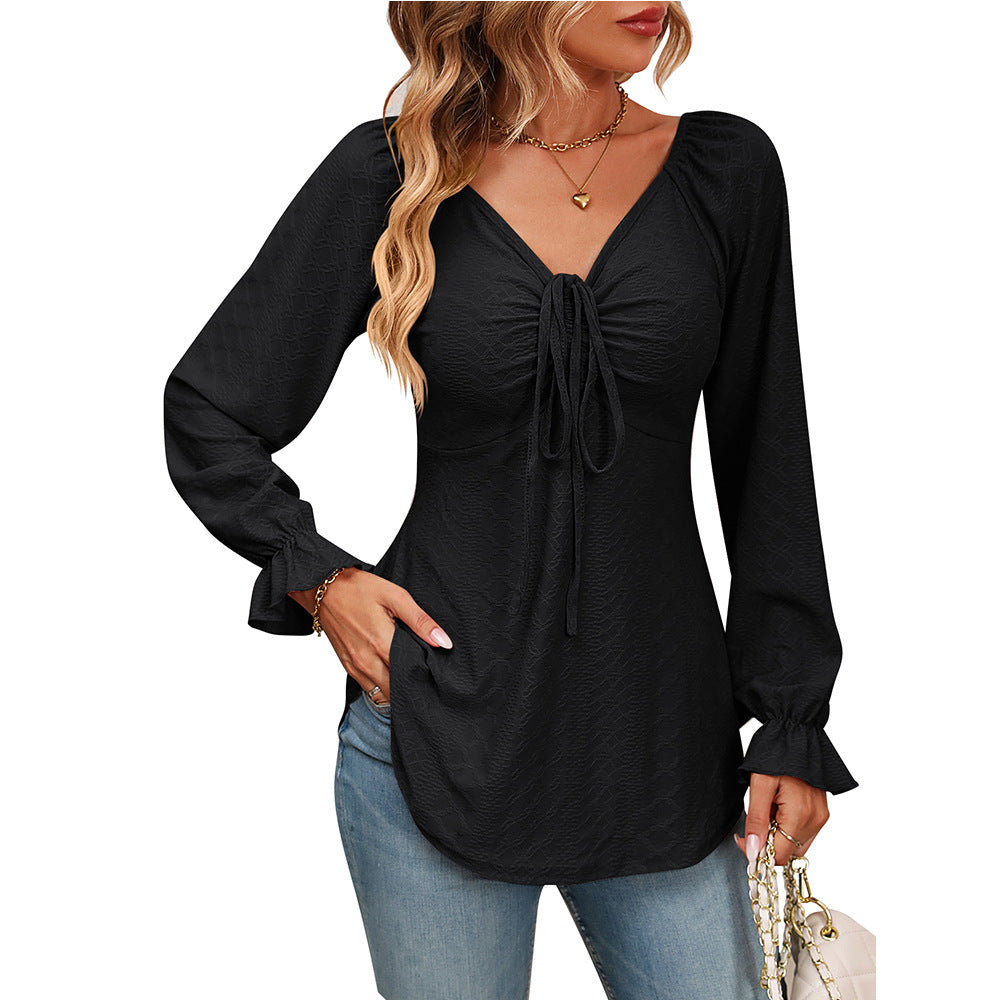 Fall Arrival Women Clothing V Neck Drawstring Girdle Sexy Long Sleeve Solid Color T Shirt