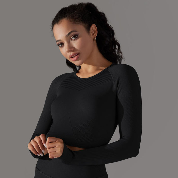 Seamless Knitted Solid Color Striped Tight Top Fitness Exercise Running Yoga Clothes Moisture Absorption Body Shaping Long Sleeve Women