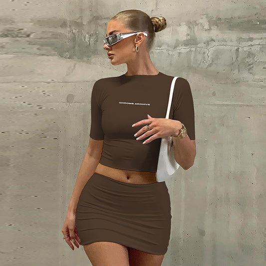 Women Clothing Summer Letter Graphic Printed round Neck Short Sleeve Top Skinny Sheath Skirt Set