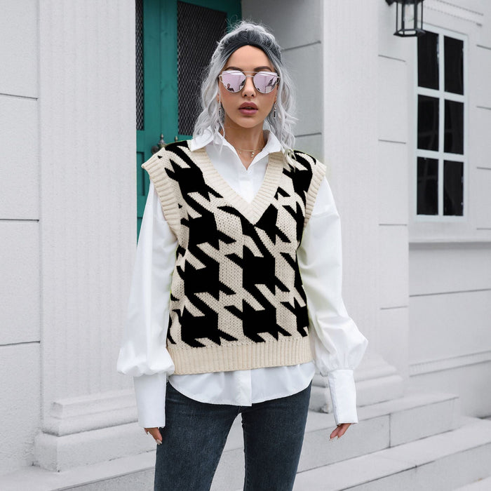 Houndstooth V-neck Vest Sweater Women Vest Outer Wear Inner Wear Autumn Winter Knitwear Sweater Boucle