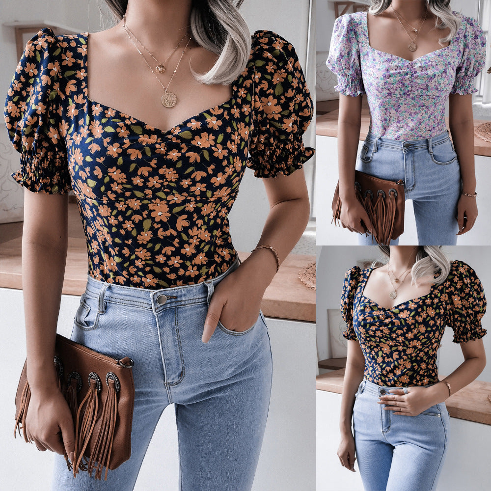 Summer Casual Lantern Sleeve Square Collar Sexy Floral Chiffon Estampado Floral Blouse Top Women Clothing Blusas