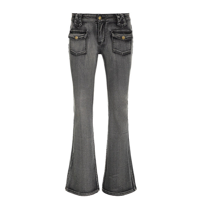 Women Streetwear Slim Wash Pocket Stitching Bootcut Pants Vintage Smoky Gray Jeans