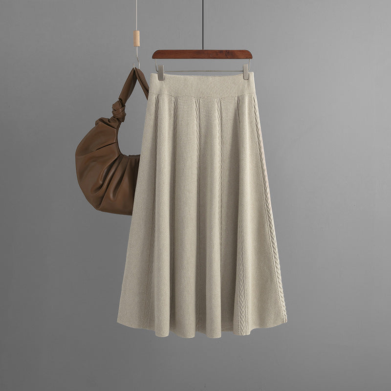 Mid Length Autumn Winter Draping Effect A line Khaki Knitted Skirt Women Winter Sweater