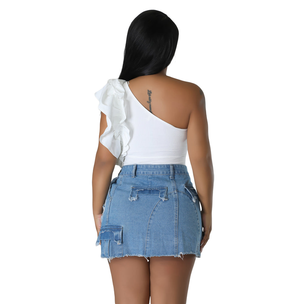 Women Sexy Slim Fit Ripped Pocket Denim Skirt Hip Skirt Nightclub Skirt