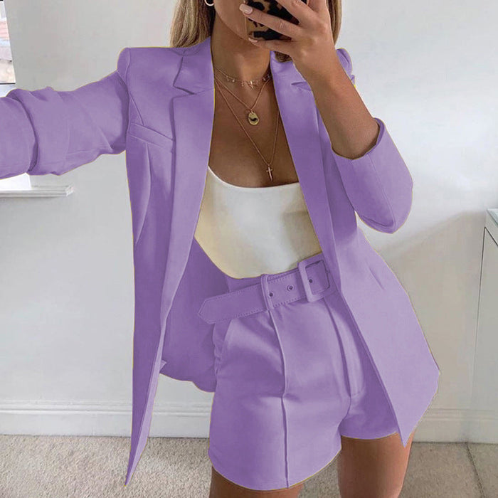 Top Shorts Suit with belt Sexy Women Casual Polo Collar Cardigan