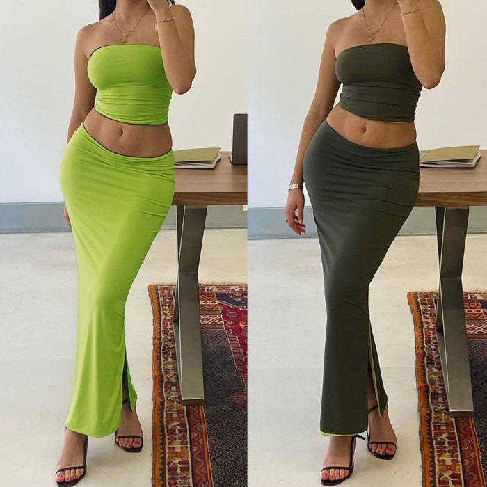Summer Women Two-Color Double-Sided Multiple Wear Bandeau Sexy Short Top Split Skirt