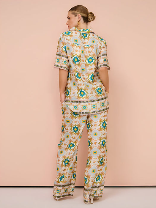 Women Clothing Satin Printed Casual Pajamas Two Piece Suit