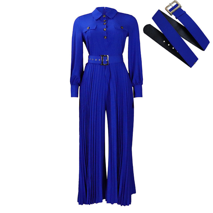 Belt Women Clothing Spring Summer Long Sleeve Casual Loose Pleated Wide Leg Jumpsuit