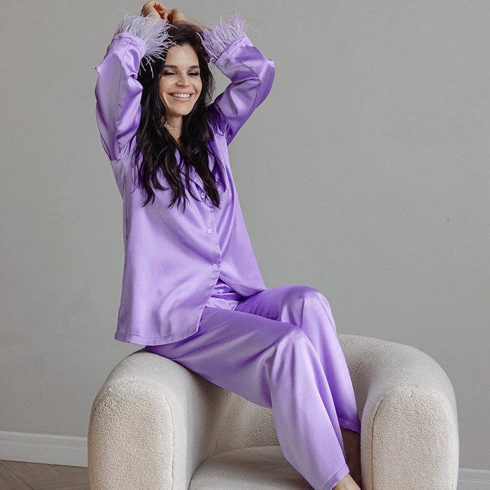 Autumn Feather Pajamas Long Sleeve Trousers Suit Loose Artificial Silk Outerwear Ladie Homewear