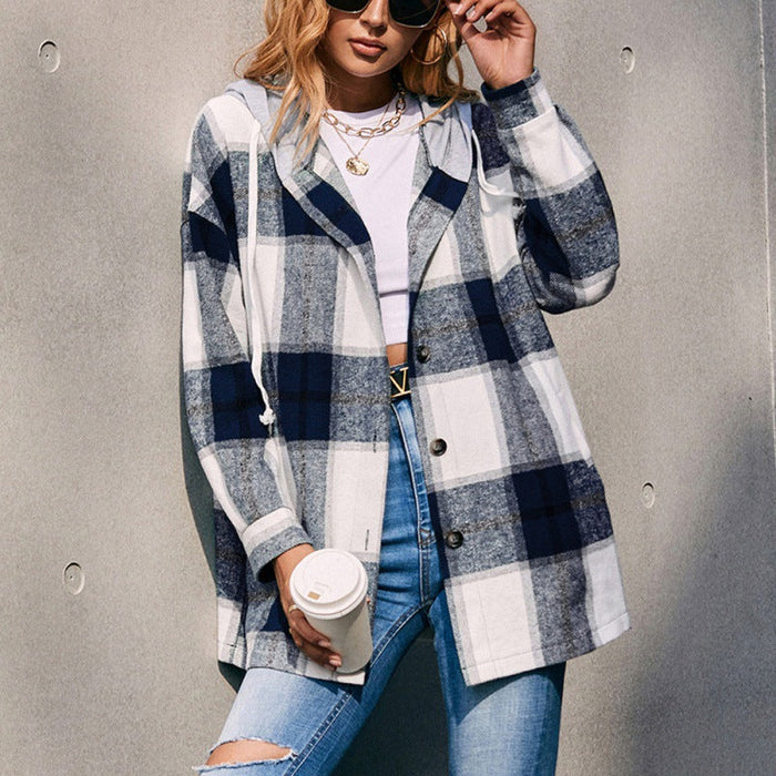 Plaid Shacket Hooded Loose Casual Shacket Jacket Outerwear