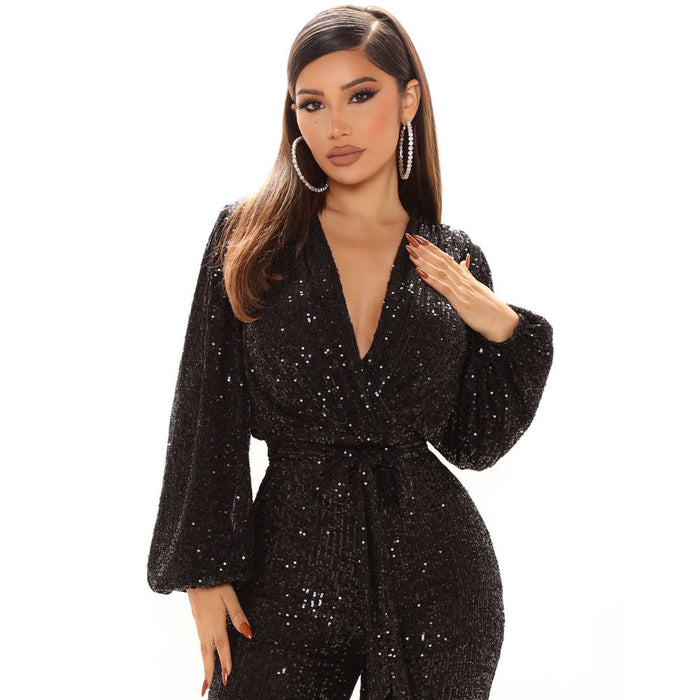 Women Clothing Sexy V-neck Sequined One-Piece Wide Leg One-Piece Trousers