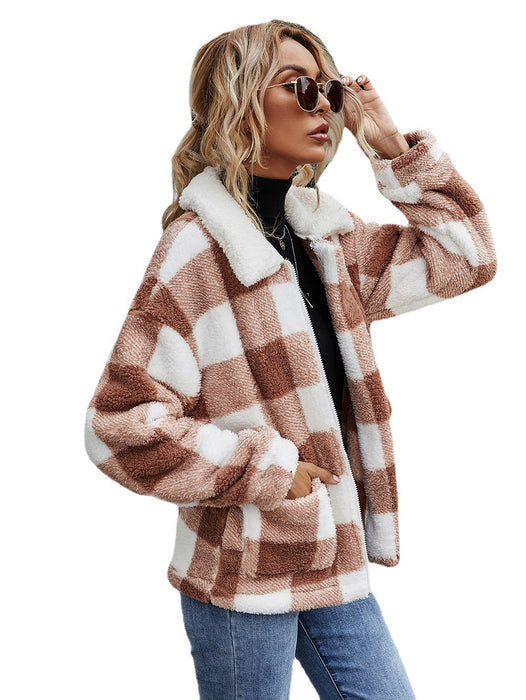 Autumn Winter Zipper  Collared Plush Plaid Coat Loose Office Women Outerwear