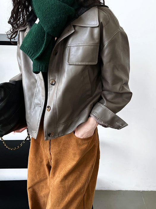 Fashionable Fine Elegant Brown Profile Faux Leather Coat Women Fall Lapels Motorcycle Short Jacket Coat