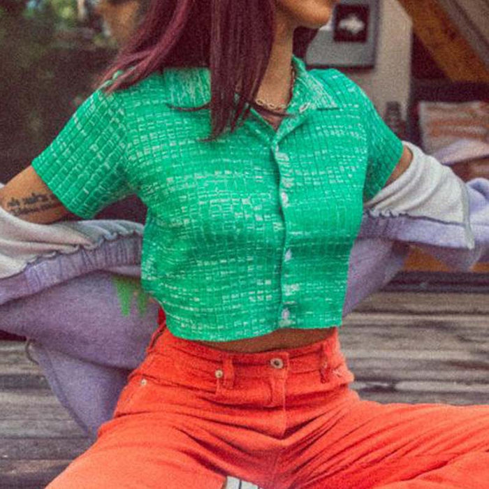 Women Polo Shirt Green Collared Knitwear Sweater Small Cardigan Cropped Short Sleeve Short Sleeve