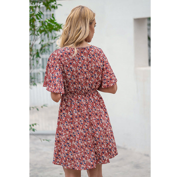 Self Developed Empty Summer Red V neck Floral High Waist Short Dress