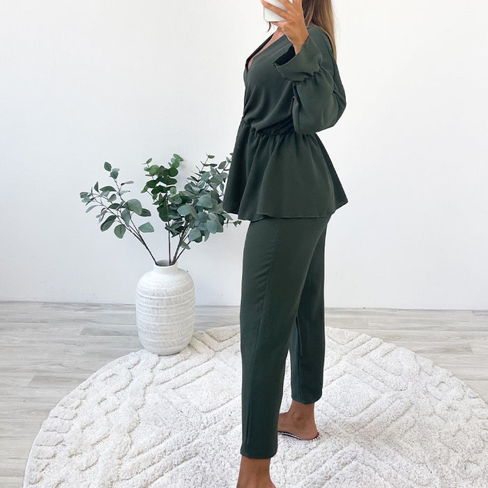 Autumn Casual Set V neck Long Sleeve Waist Tight Pullover High Waist Cropped Pants Two Piece Set