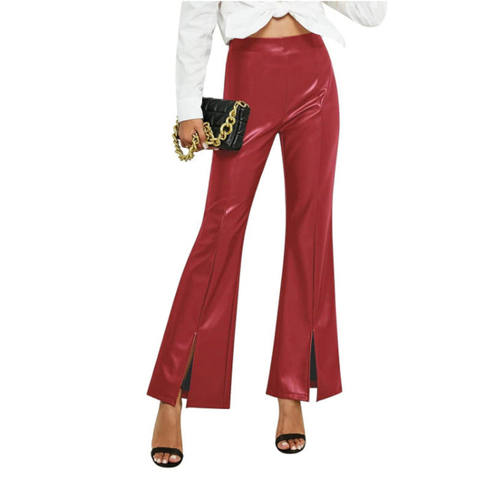 Summer High Waist Slim Fit Slit Bell-Bottom Pants Casual Leather Pants