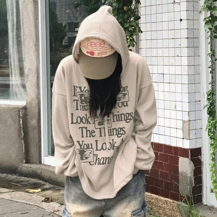 Hip Hop Street Letter Graphic Print Hooded Lace Sweater Loose Casual Sexy Autumn Thin Top