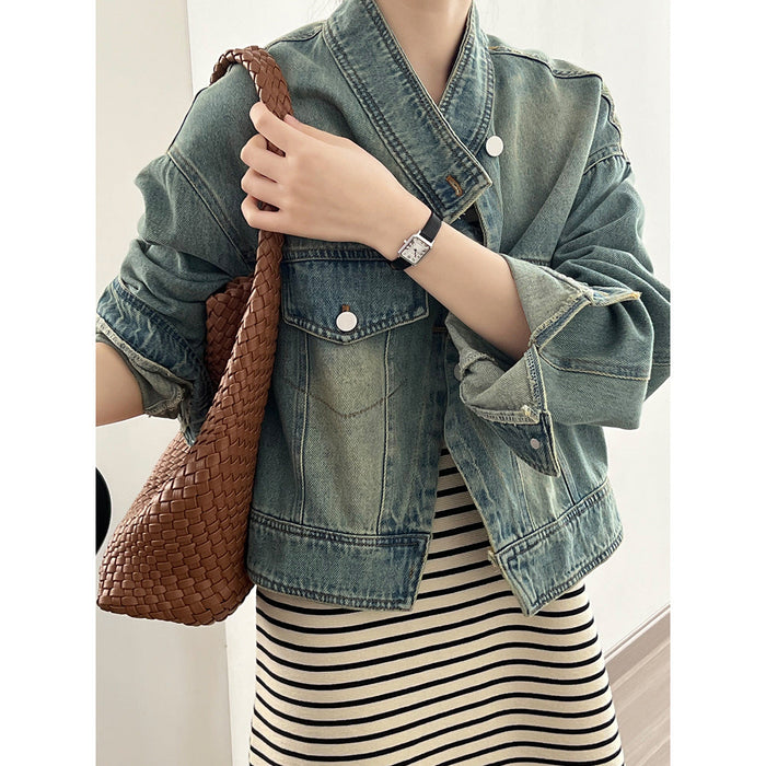 Denim Jacket Women  Short Autumn Korean Fashionable Stand Collar Design Coat