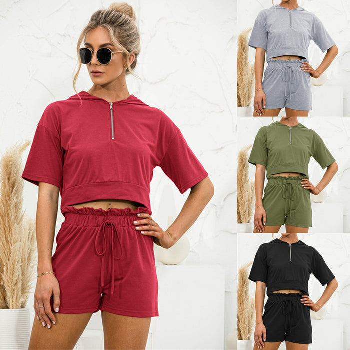 Summer New Women Clothing Solid Color Hooded Zipper Shorts Casual Suit