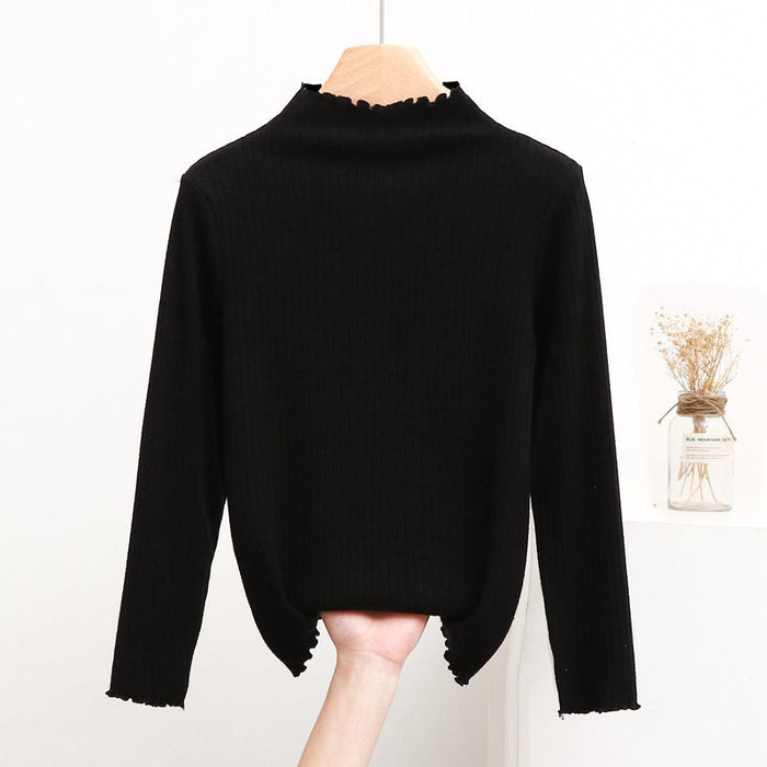 Women Half Turtleneck Slimming Stretch Sweater Spring Autumn Western Slim Fit Long Sleeve Bottoming Sweater Wooden Ear