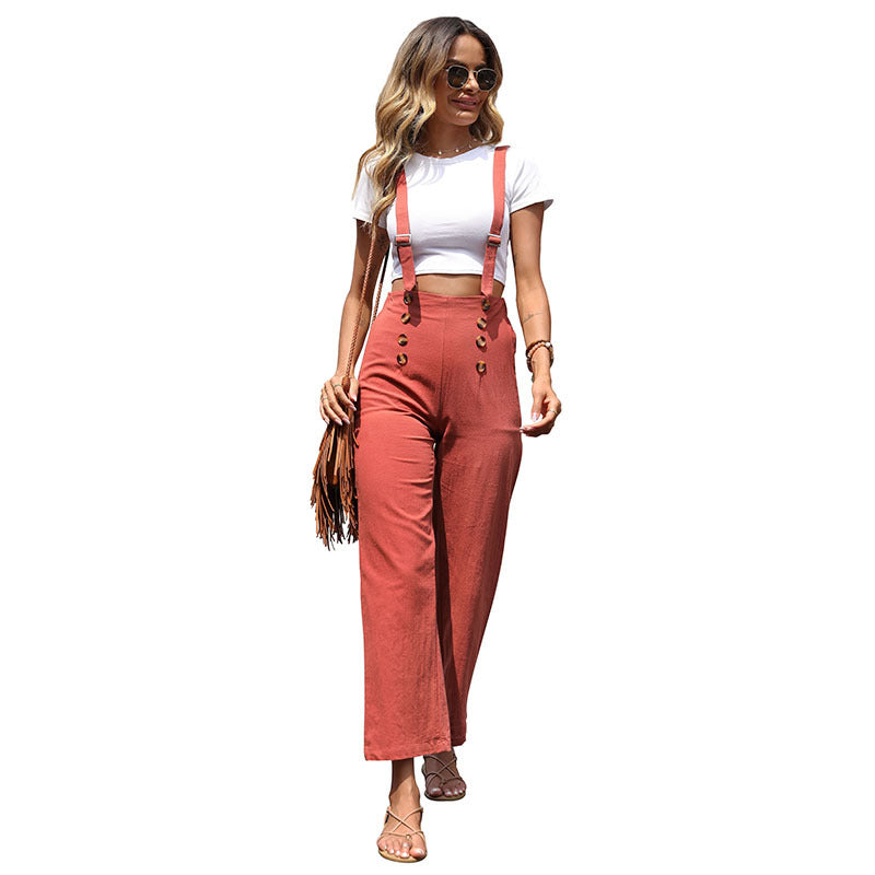 Summer Casual Women Wear Solid Color Loose Cotton Linen Straight Suspender Pants