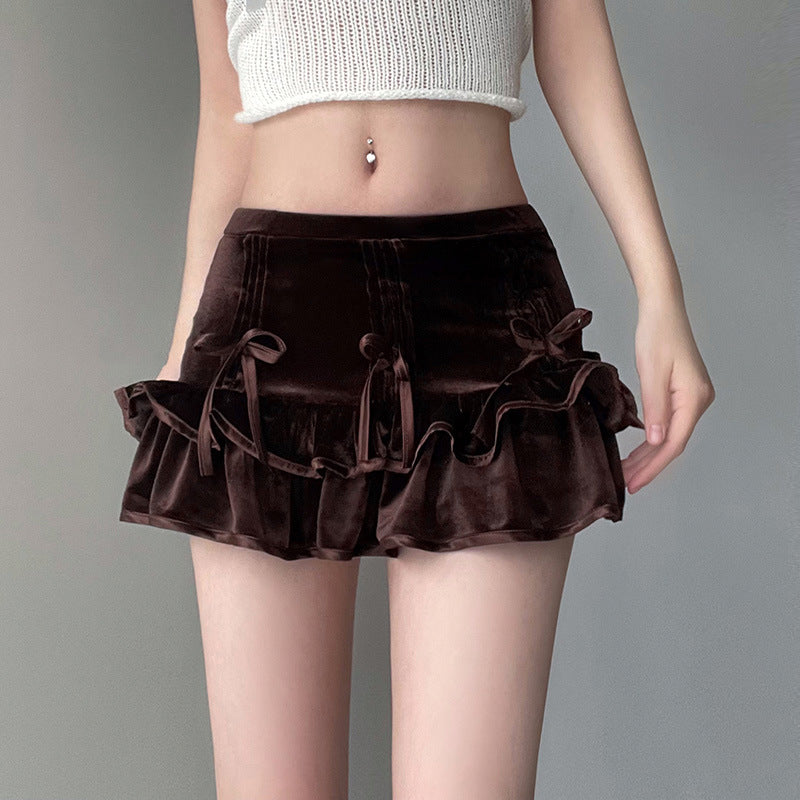 Retro Brown Bow Bandage High Waist Velvet Skirt Cute Cute Curling Cake Miniskirt
