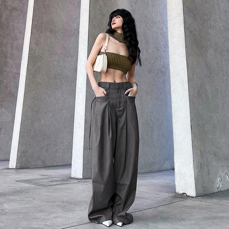 Retro Street High Grade sexy Loose Wide-Leg Pants Elegant Pleated Pocket All Matching Casual Mopping Pants Trousers