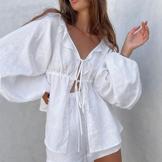 Cotton Linen White Lantern Sleeve V neck Top Shorts  Summer Women Clothing Two Piece Set