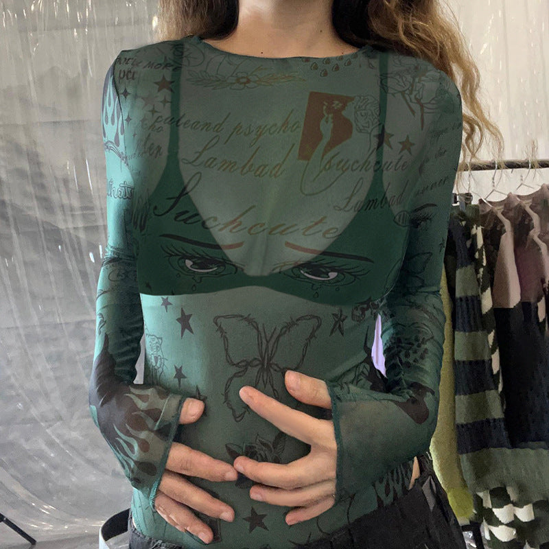 Personalized Graffiti Abstract Printing Mesh Jumpsuit Sexy Base Slim Fit Lightweight Thin Sheer Long Sleeve Top