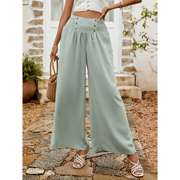 Spring Summer Casual Pants Pleating Button High Waist Women Wide Leg Pants