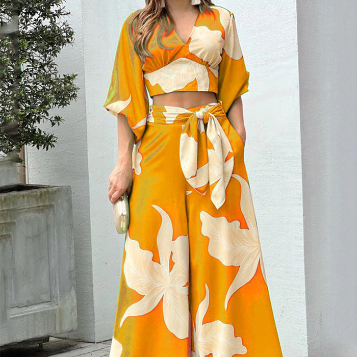 Women Clothing Autumn Winter V neck Lantern Sleeve Short Top High Waist Wide Leg Pants Casual Set