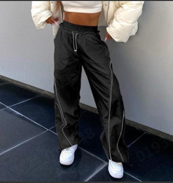 Street Line Stitching Design Sexy Dance Sports Pants Elastic Waist All Match Close Ankle Tied Wide Leg Casual Pants
