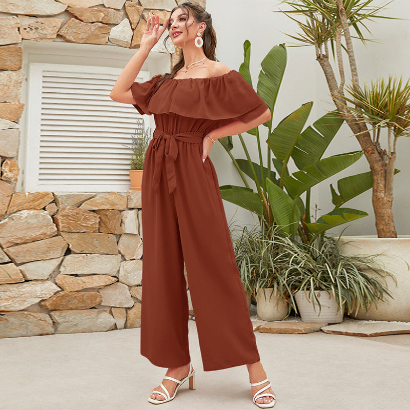 Women Clothing Summer Casual off Shoulder Ruffle Sleeve Lace up Cropped Wide Leg Pants