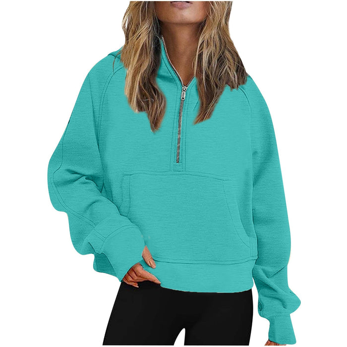 Autumn Winter Women Scuba Sports Half Zipper Yoga Clothes Loose Short Hood Fleece Lined Sweater Sweater