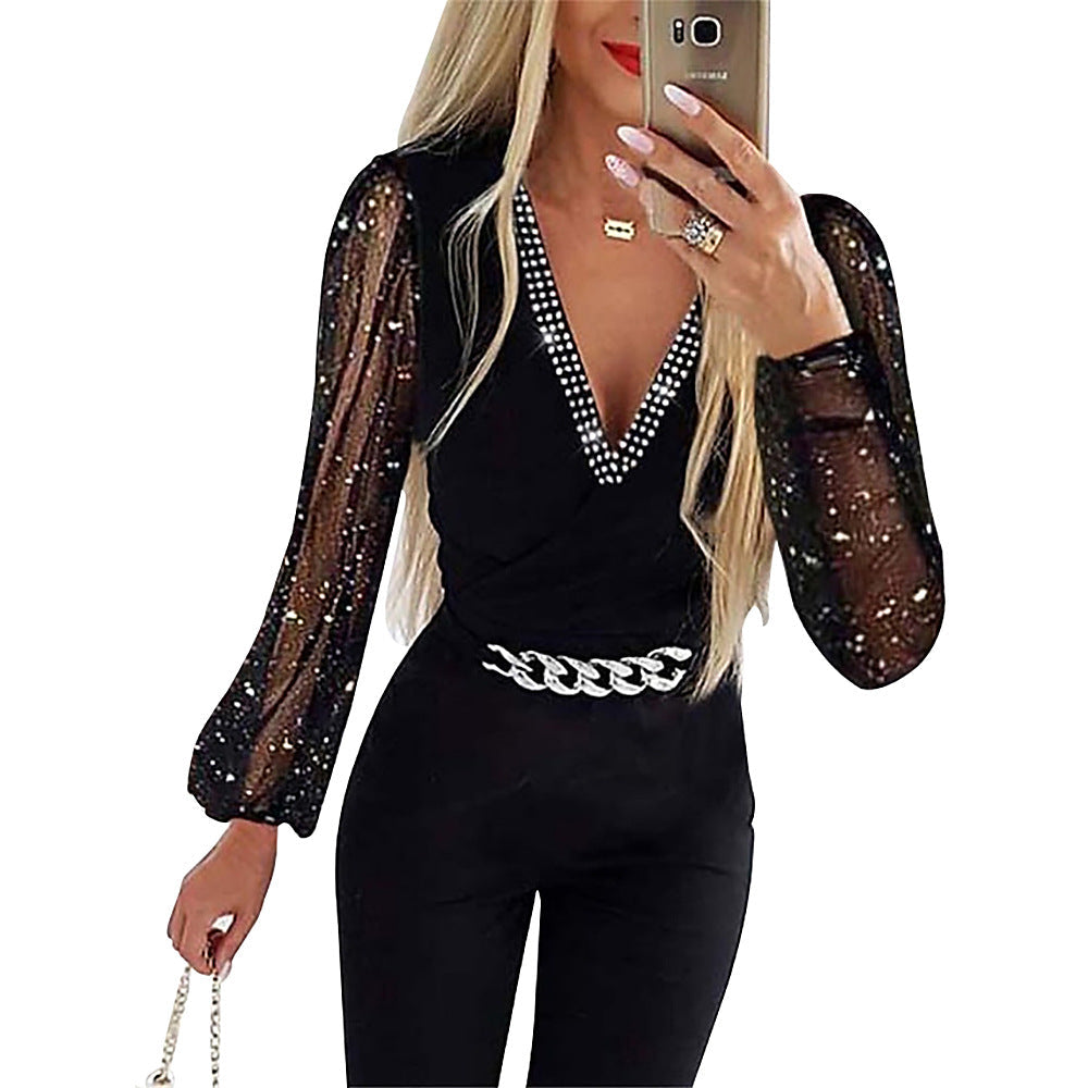 Autumn Women Clothing Solid Color V neck Long Sleeve Rhinestone High Waist Professional Casual Jumpsuit