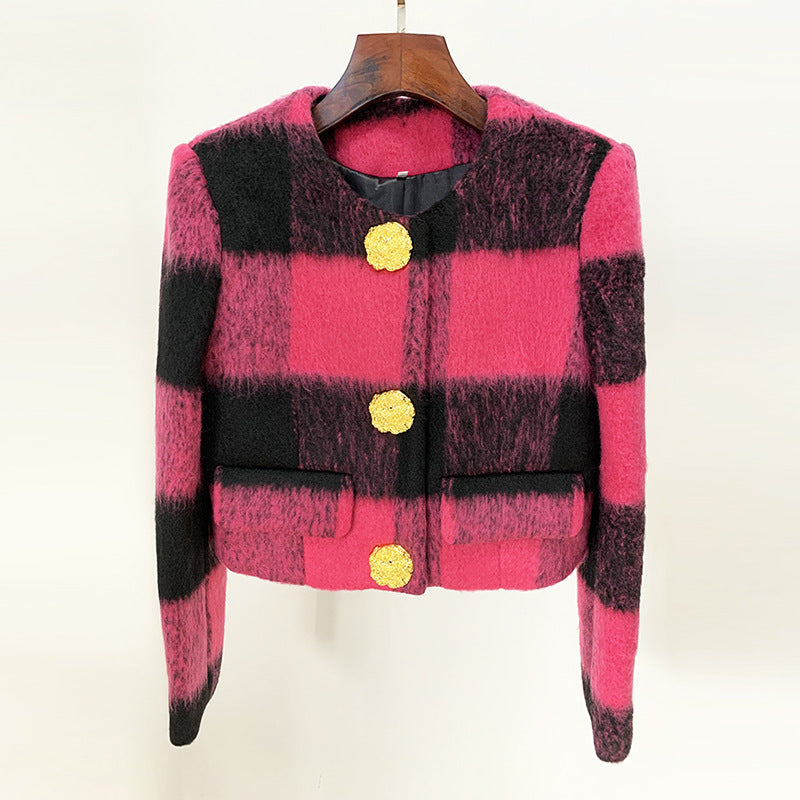 Goods Star Irregular Asymmetric Daikin Button round Neck Plaid Woolen Short Coat Jacket