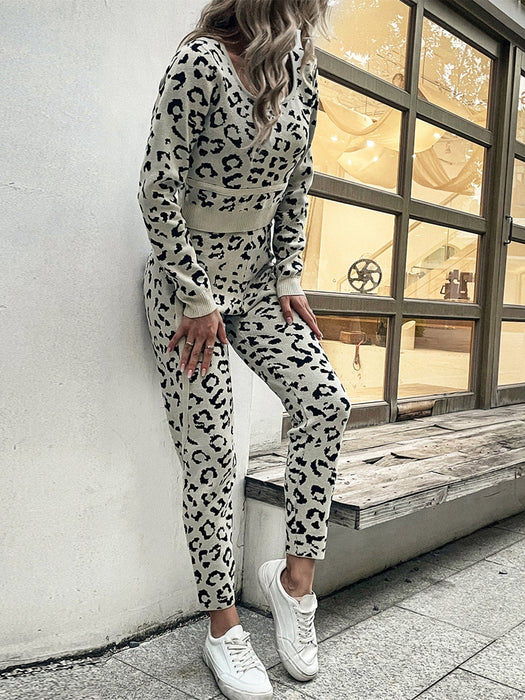 Autumn Winter Leopard Print Pullover Sweater Trousers Two Piece Set Women