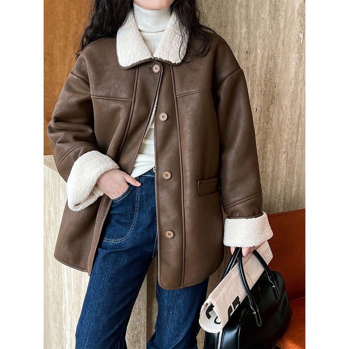 Retro Distressed Faux Shearling Jacket Lamb Plush Coat Korean Collared High-Grade Motorcycle Leather Coat