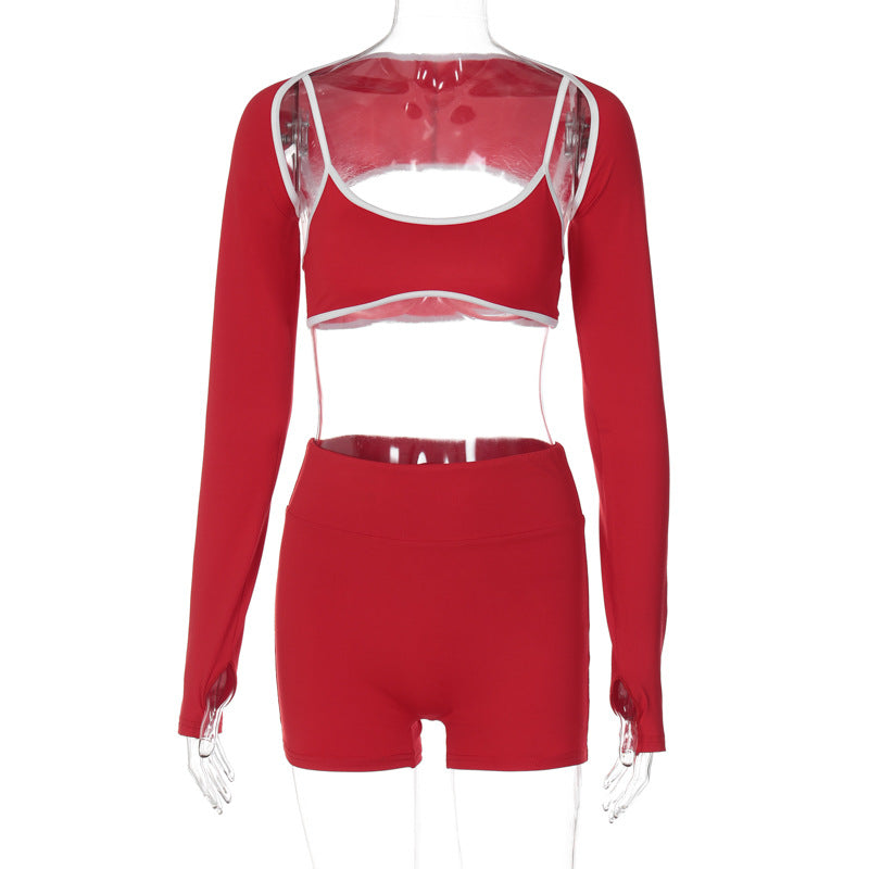 Long Sleeve Shawl Sports Suit Fall Women Clothing Color Contrasting Stripe Shorts Wrapped Chest Sports Three Piece Suit
