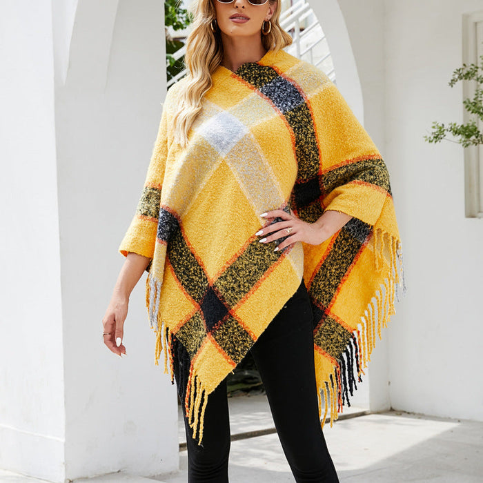 Autumn Winter Cashmere Contrast Color Striped Cloak Knitted Tassel Scarf Shawl Women