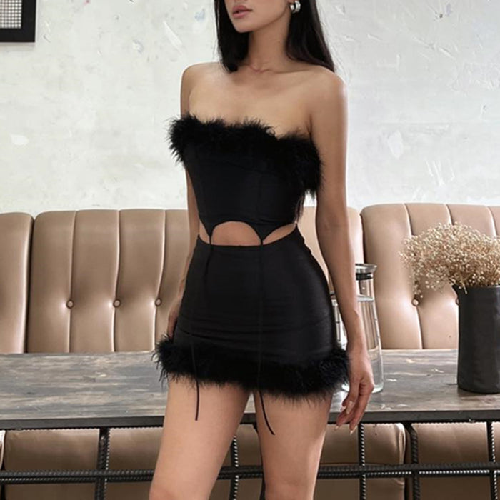 Fall Women Clothing Sexy Furry Stitching Tube Top Vest Hip Skirt Set for Women