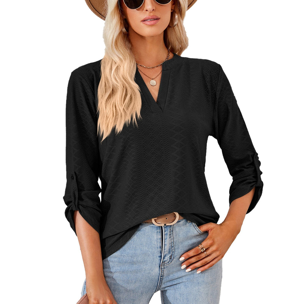 Autumn Winter Solid Color V-neck Three-Quarter Sleeve Button Loose-Fitting T-shirt Top Women
