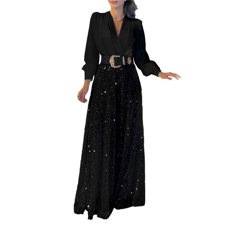 V neck Long Sleeve Shirt Elegant Waist Slimming Sequined Wide Leg Pants