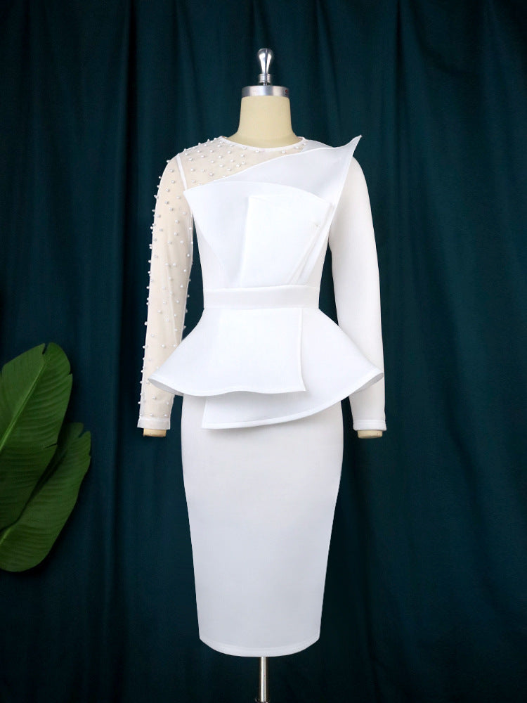 Model Cutting Piece Stitching Faux Two Piece Dress Beaded High Waist Slimming Dress