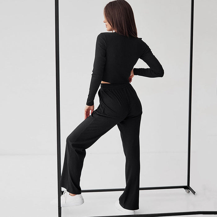 Comfortable Slim Knit Sunken Stripe Long Sleeved Trousers Autumn Pajamas Ladie Homewear Can Be Worn outside