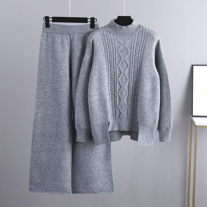 Autumn Winter Slimming Knitted Suit Women Thickened Loose Turtleneck Sweater Wide Leg Pants Two Piece Suit