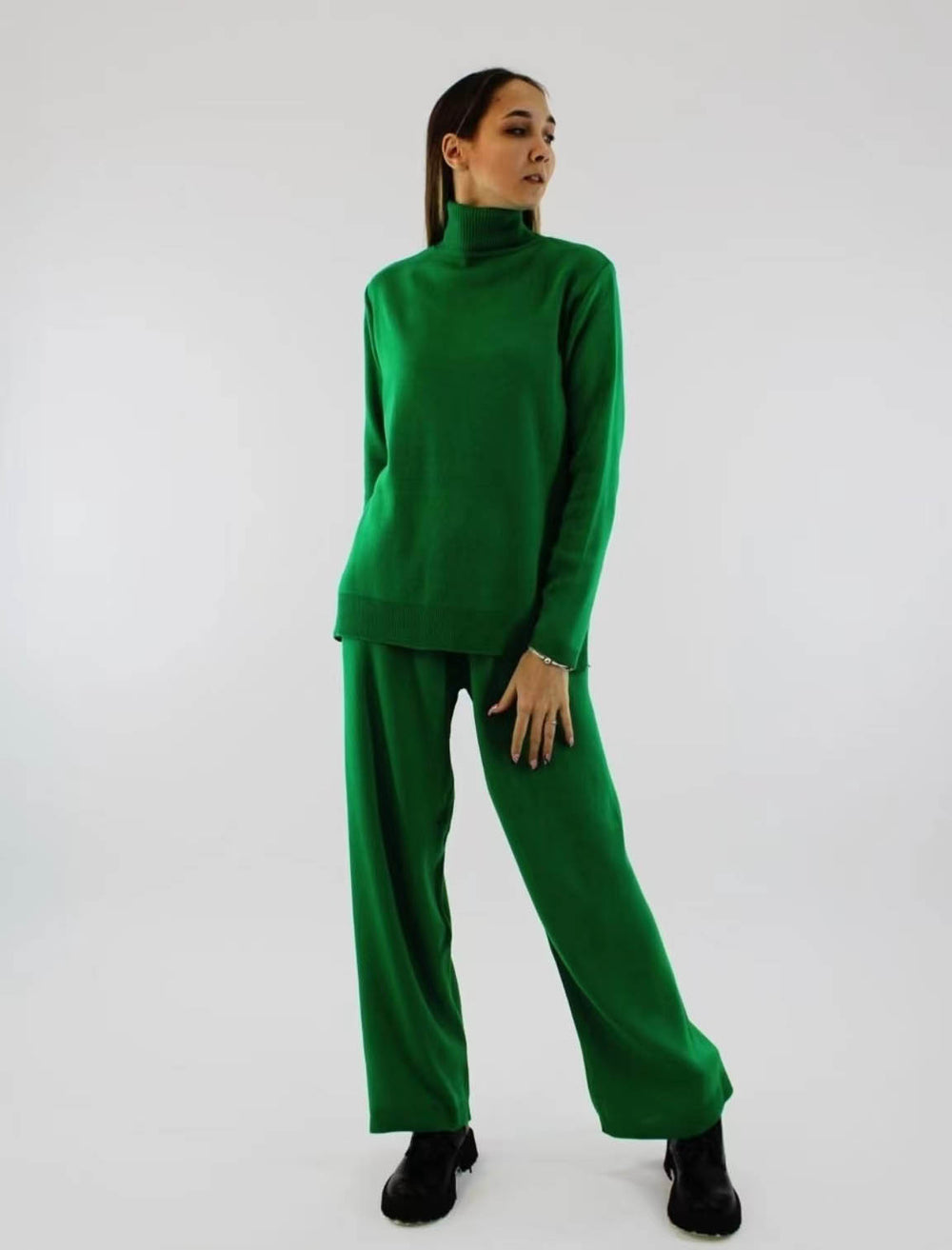 Autumn Winter High Collar Loose Slit Long Sleeve Wide Leg Pants Set